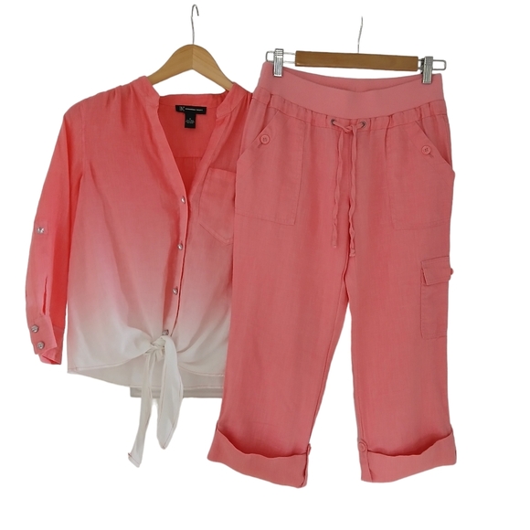 INC International Concepts Pants - SOLD International Concepts Cargo Pant and Top Set 100% Linen Ombre Salmon/White